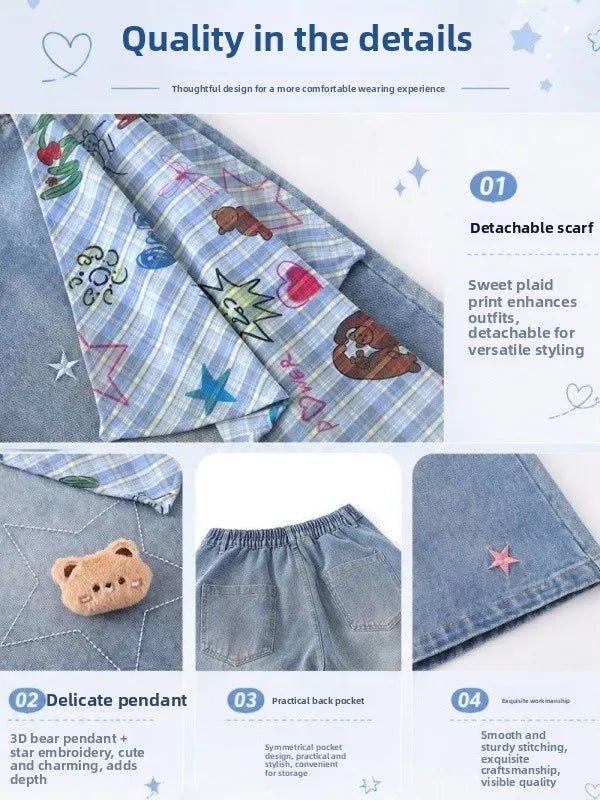 Seven-Quarter Length Embroidered Wide Leg Loose Fit Thin Denim Shorts Summer New Style Korean Style High Waist Straight Tube ...
