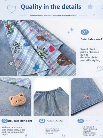 Seven-Quarter Length Embroidered Wide Leg Loose Fit Thin Denim Shorts Summer New Style Korean Style High Waist Straight Tube ...