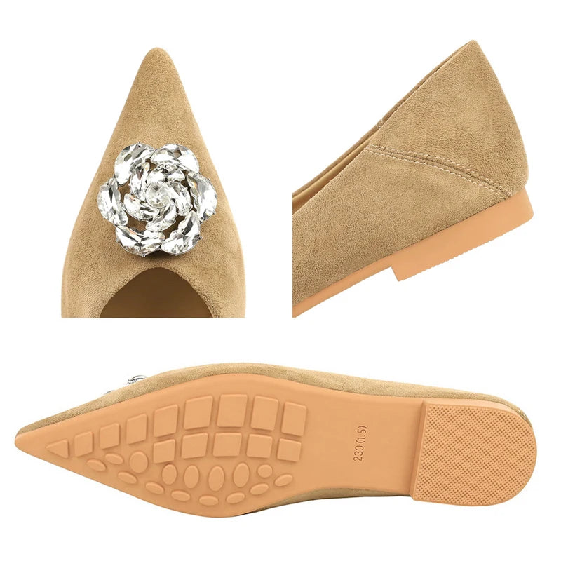2026 Luxury Low Heeled Shoes Women Sharp Pointed Shallow Mouth Rhinestone Women's Shoes Suede Low Heeled Shoes With Women Pumps