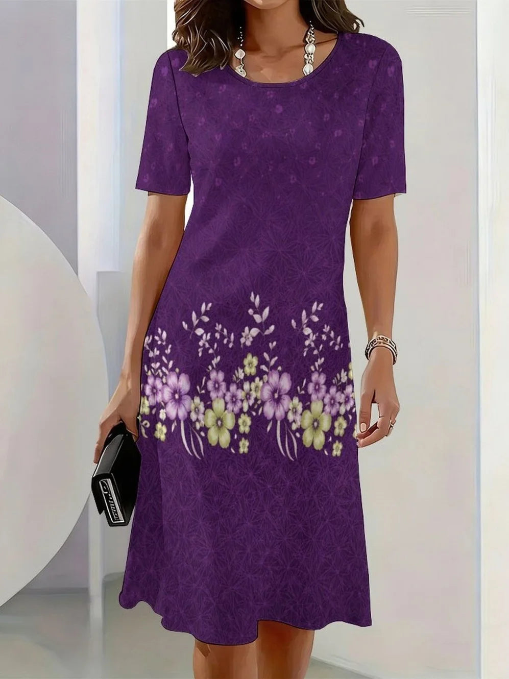 2026 New Elegant Floral Print Dresses for Women Round-Neck Short Sleeve Female Clothing Summer Travel Vacation Clothes for Woman