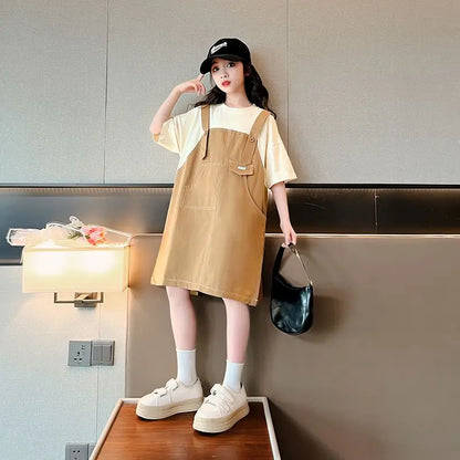 Simple and Minimalist Korean-style Casual Loose Dress for Students Suit Girls White Girl Children Clothes Girls' Princess Farm