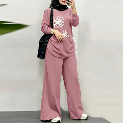 Women Muslim 2 Piece Sets Ramadan Outfits 2026 ZANZEA Casual O Neck Long Sleeve Flowers Tops Pant Sets Dubai Hijab Traccksuit