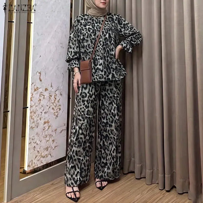 ZANZEA Women Muslim Sets Autumn Leopard Print Two Piece Outfit Ruffle Long Lantern Sleeve Blouse Elastic Waist Wide Leg Pants