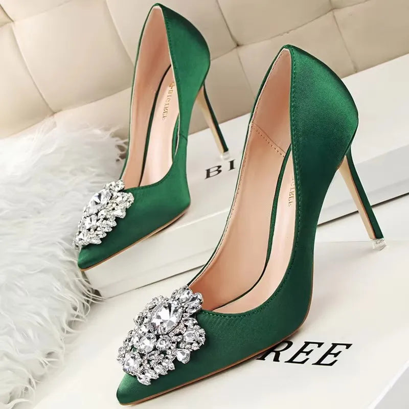 BIGTREE Women Heels Metal Rhinestones Woman Pumps Wedding Shoes High Heels Shoes Gold Silver Sexy Party Shoes Large size 42 43