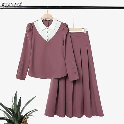 ZANZEA Summer Autumn Women Dress Sets Fashion Long Sleeve Tops Long Skirts Two-piece Outfits Muslim Dress Sets 2PCS Loose Kaftan