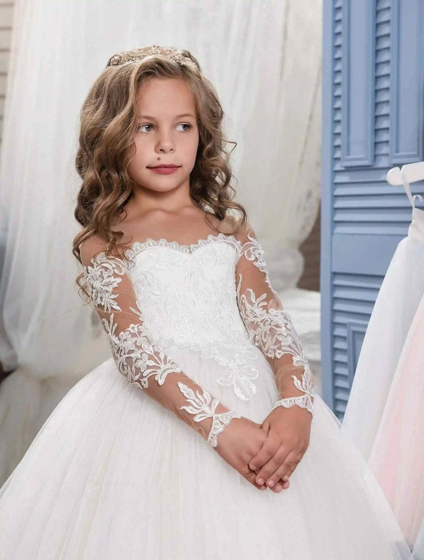 Lace Embroidery Transparent Long Sleeved Children's Flower Girl Wedding Party Graduation Ceremony Princess Floor Mopping Dress