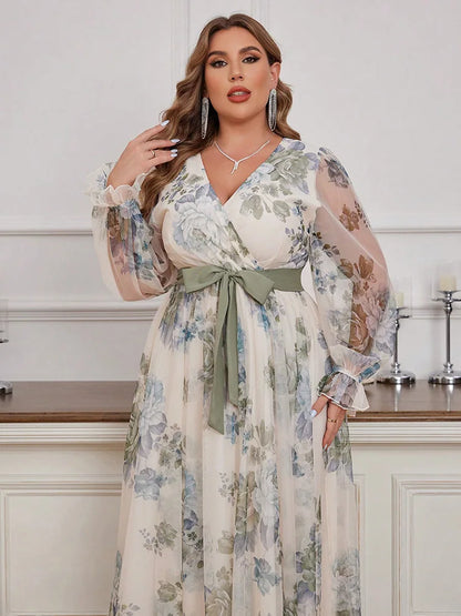 TOLEEN Plus Size Women's Floral Print V-Neck Spliced Mesh Dress 2024 New Summer Spring Casual Elegant Formal Party Maxi Dresses