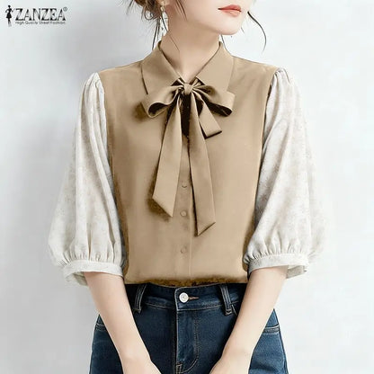 ZANZEA Elegant Women's Contrast-Color Shirts Floral Printed Puff Sleeve Bowtie Collared Casual Tops Summer Woman Clothes S-3XL