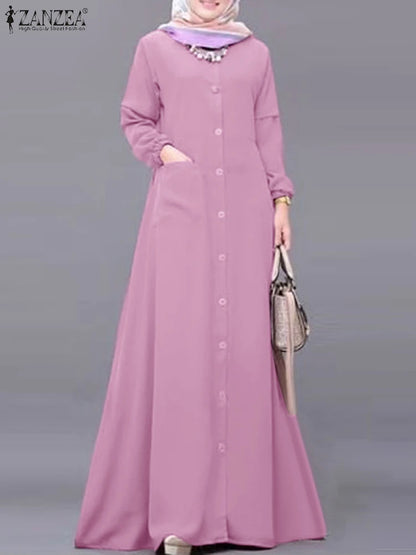 Women Autumn Muslim Dress ZANZEA Turkey Abaya Dubai Robe Elegant Long Sleeve Buttons Down Maxi Vestidos Kaftan IsIamic Clothing