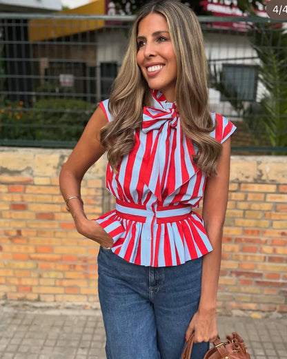Women's Shirt 2026 New Spring Summer Bowknot Sleeveless Slim Striped Shirt for Women Casual Chic Personality Female Shirt