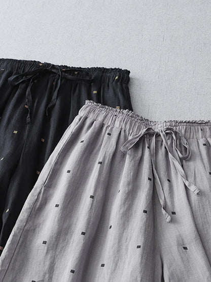 Casual Cotton Linen Pants Women Summer Style Elastic Waist Artistic Polka Dot Print Nine Point Pants Loose Fit Commute Style
