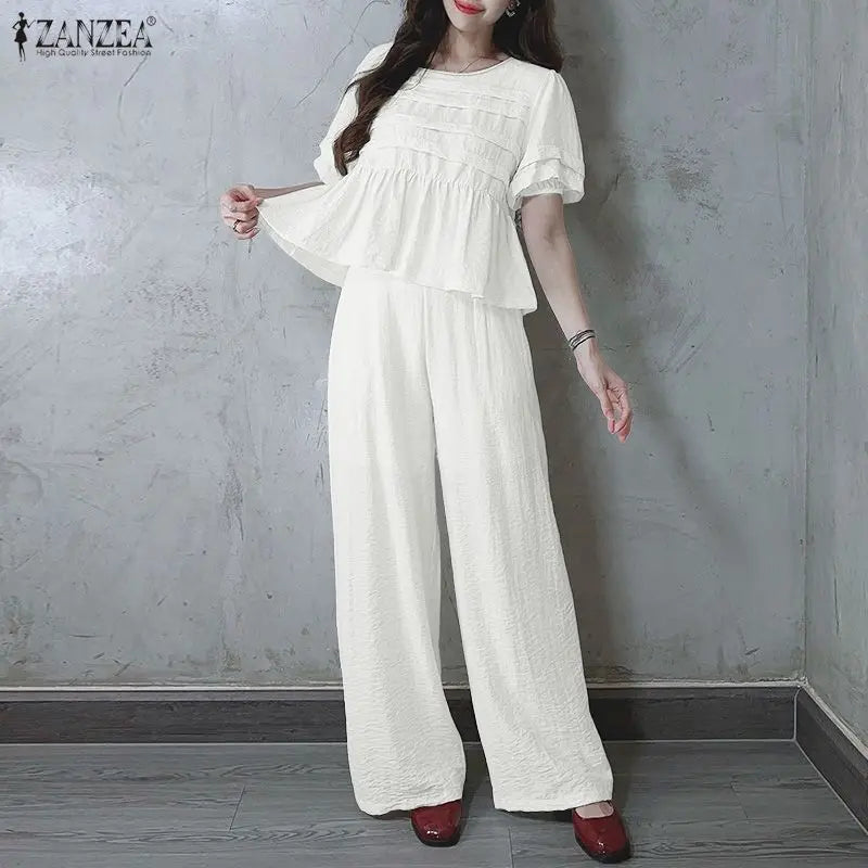 ZANZEA Summer Women Pant Sets Two Piece Sets Short Sleeve Pleated Tops Wide Leg Pants Casual Solid Loose Two-piece Outfits 2PCS