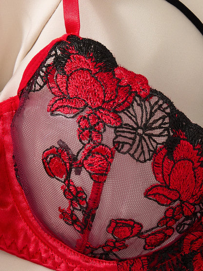 Women Red Floral Embroidery Lingerie Set Satin Sheer Mesh Underwire Bra & Thong Romantic Intimate Underwear ZA825127