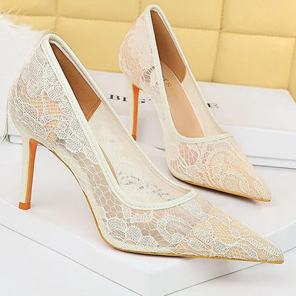 BIGTREE Shoes Wine Red Lace Women Pumps Mesh Hollow High Heels Sexy Party Shoes Stilettos Pointed Toe Female Pumps Tacones