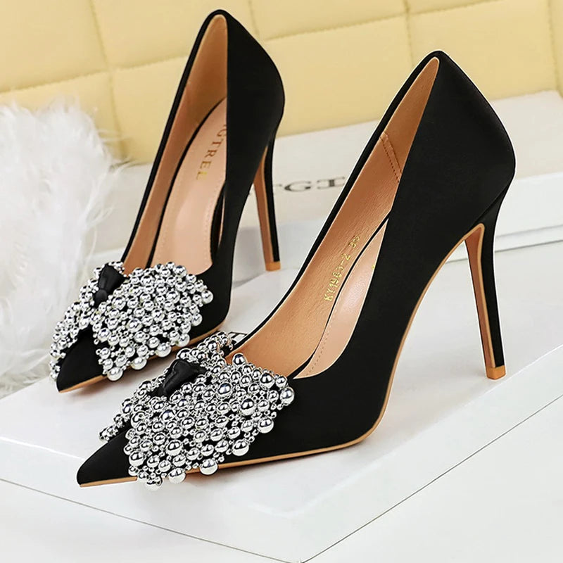 BIGTREE Shoes New Luxury Women Pumps Bowknot High Heels Silks Satins Shoe Upper Women Heels Stilettos Pointed End Women Shoes