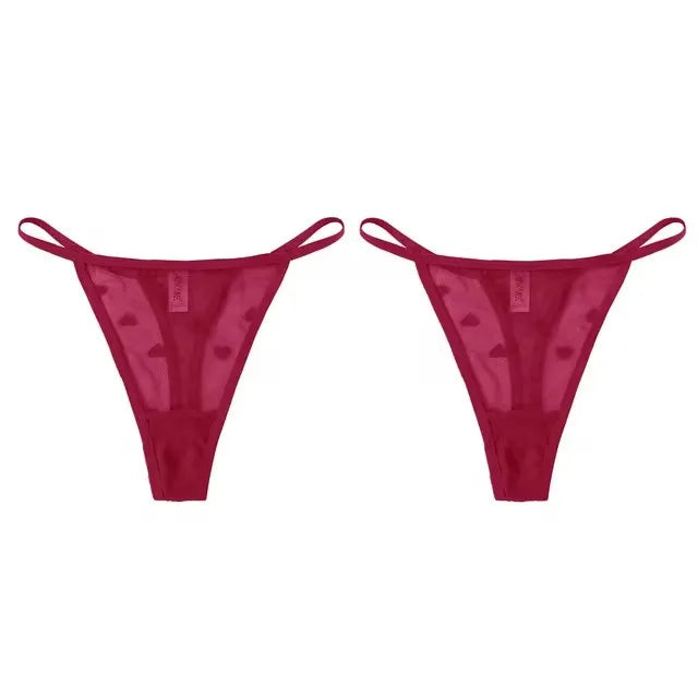2Pcs Heart See Through Mesh G-String T-Pants Underpants Sexy Lace Sheer Underwear Women's Low Waist  Lingerie Thong Panties