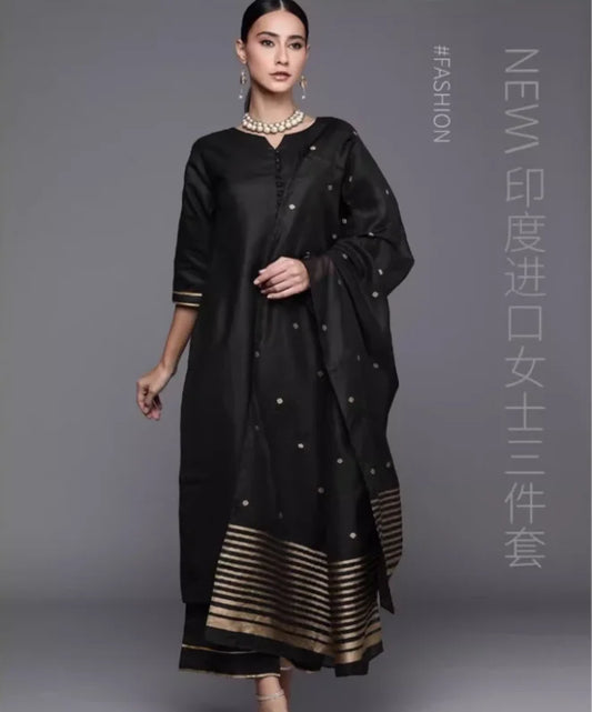 Indian Women's Embroidery Medium Long Cotton Blend Seven Quarter Sleeve Three Piece Set