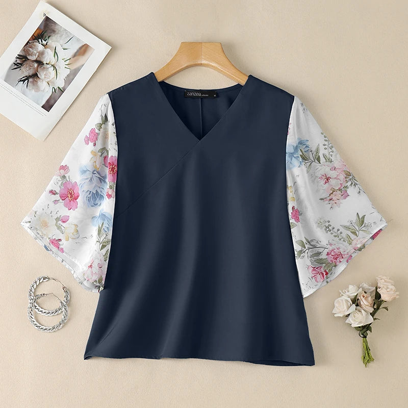 ZANZEA Woman Floral Print 3/4 Sleeve Blouses Elegant Patchwork V-Neck Pullover Tops 2026 Summer Daily Casual Blusas de Mujer