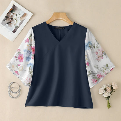 ZANZEA Woman Floral Print 3/4 Sleeve Blouses Elegant Patchwork V-Neck Pullover Tops 2026 Summer Daily Casual Blusas de Mujer