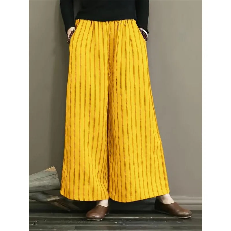 Plus Size 1XL-5XL Women Summer Pants Women'S Striped Wide Legs Show A Slimming ﻿