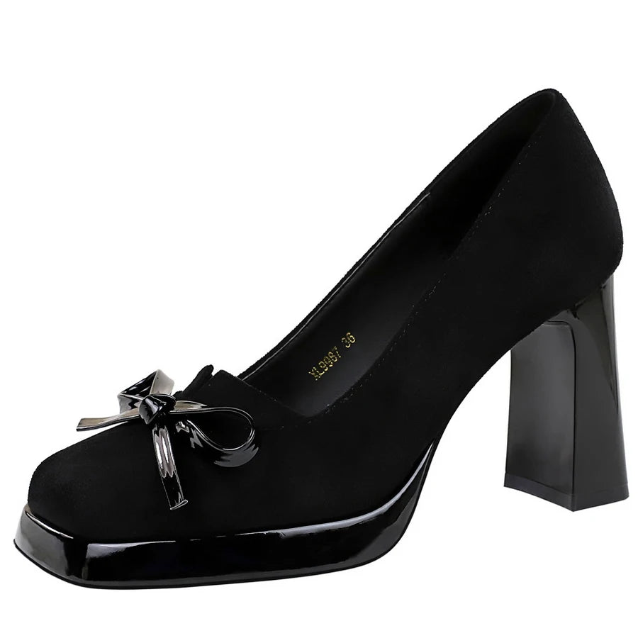 BIGTREE Shoes Chunky Block Heels Women Pumps Bow Decoration High Heels Square Headed Platform High Heels Suede Ladies Shoes 2026