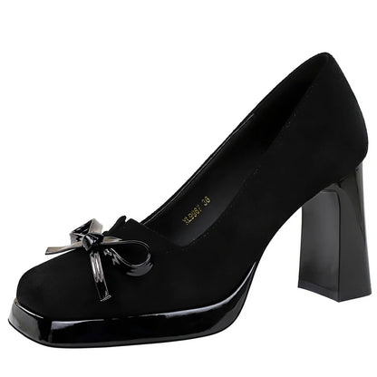 BIGTREE Shoes Chunky Block Heels Women Pumps Bow Decoration High Heels Square Headed Platform High Heels Suede Ladies Shoes 2026
