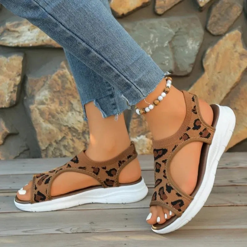 Women's Casual Sandals Open Toe Low Platform Heel Animal Pattern Slip on Sporty Slingback Outdoor Walking Footwear Knit Upper