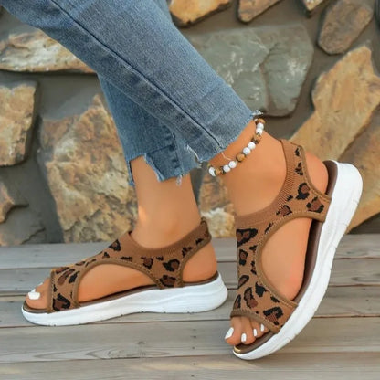 Women's Casual Sandals Open Toe Low Platform Heel Animal Pattern Slip on Sporty Slingback Outdoor Walking Footwear Knit Upper