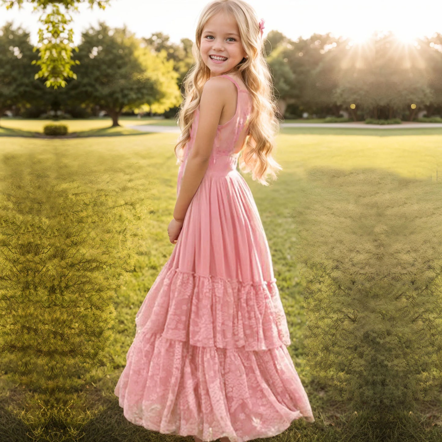 Big Girls Flower Wedding Party Backless Chiffon Dress Princess Kids Bohemia Lace Long Dresses Vestidos Clothing For 3-15 Years