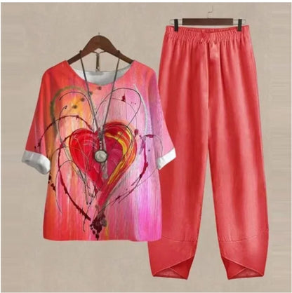 Summer Casual Two Piece Sets Women Loose Short Sleeve T-Shirt High Waist Pants Print Outfits Ladies Elegant Vintage top Pantsuit