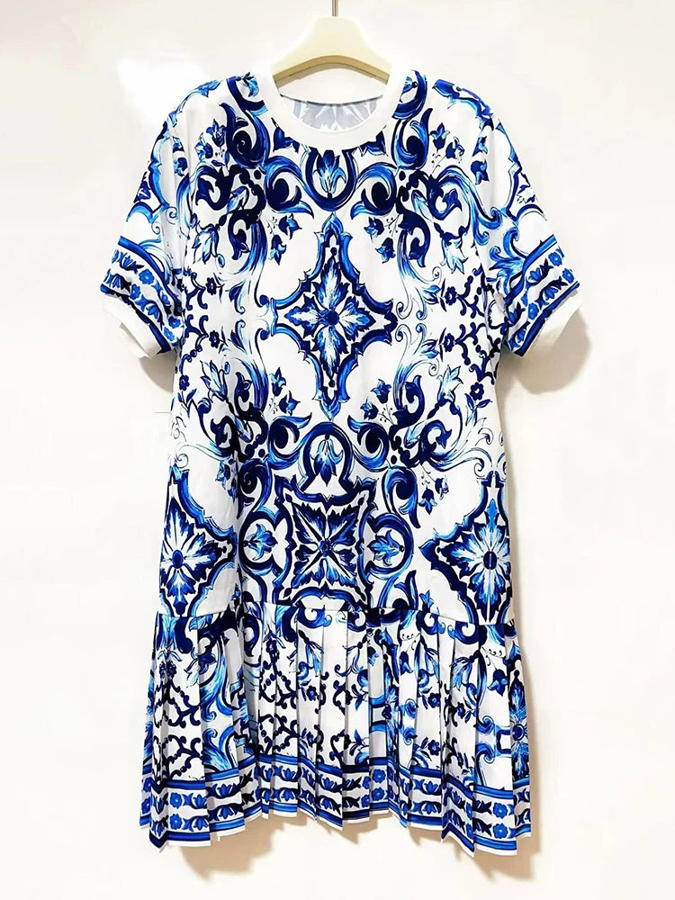 Retro geometric print round neck pullover dress 2026 summer women's T-shirt skirt fashionable loose oversized puffy skirt