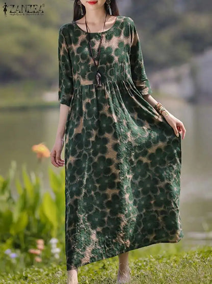 ZANZEA Bohemian Floral Printed Dress Autumn Long Sleeve O-Neck Maxi Robe Woman Casual Holiday Sundress Elegant Party Vestidos