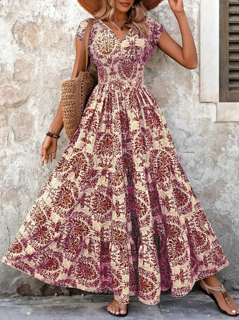 2026 Vintage Floral Print Dress Elegant V-Neck Short Sleeve Long Women's Fashion Retro Gown