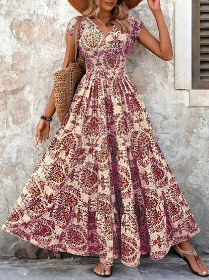 2026 Vintage Floral Print Dress Elegant V-Neck Short Sleeve Long Women's Fashion Retro Gown