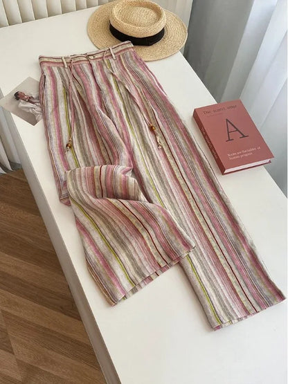 Pink Striped Wide Leg Pants Loose Fit Casual Summer Trousers for plus Size Women Comfortable Elastic Waist Straight Cut