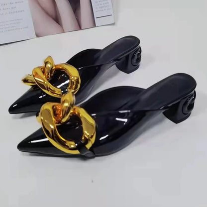 Gold Chain Slippers Woman Pointed Toe Red Black Patent Leather  High Heel Shoes Lady Fashion Muller Slippers