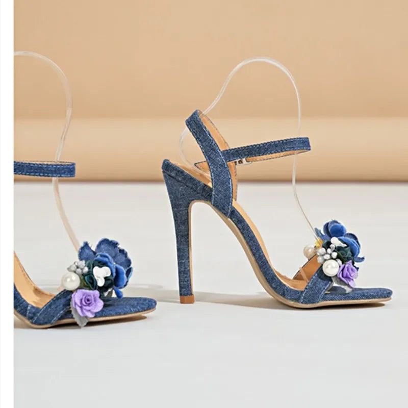 Fashion Denim Blue Designer Women's Heels Luxury Flowers Pearl Decoration Heeled Sandals Women Summer Sexy Thin High Heels Pumps