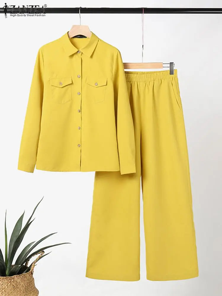 ZANZEA Women Office Outfits Autumn Solid Blouse Sets Trouser Suit Elegant Long Sleeve Shirt Pantsuits Casual Solid Matching Sets