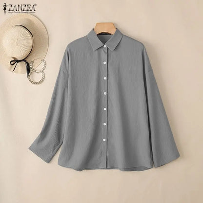 ZANZEA Woman Long Sleeve Shirts Oversized Turn Down Collar Button Up Blouses Autumn 2026 Crinkled Fabric Casual Work Camisas 2XL