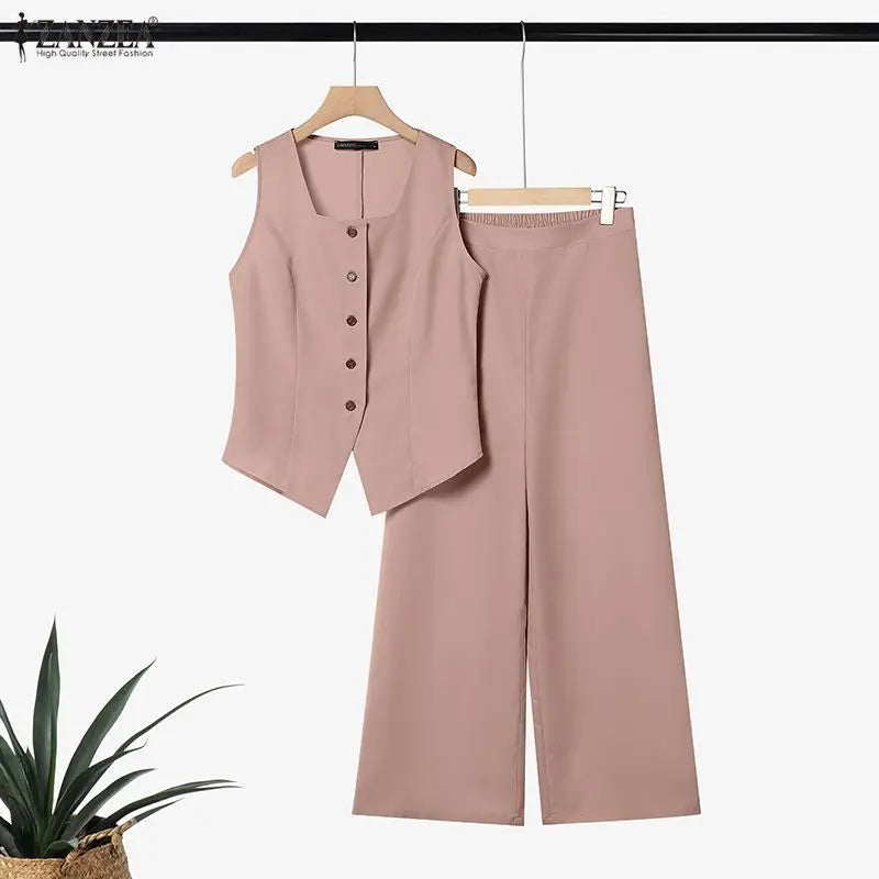 ZANZEA Women Summer Matching Pant Sets Square Neck Vests & Elastic Waist Pants 2 Piece Suits Casual Office Work Commute Outfits