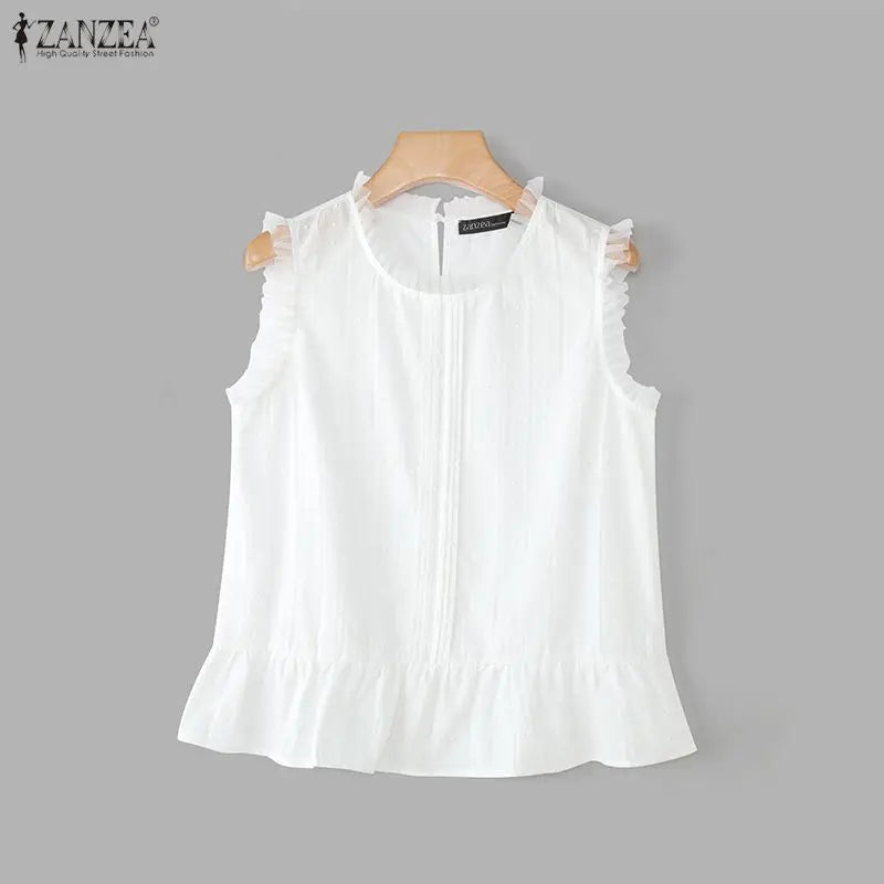 ZANZEA Women Blouses Ruffles Tops Sleeveless Tee Summer Blusas O Neck Tunic Oversize Casual Blouse Solid Color Streetwear