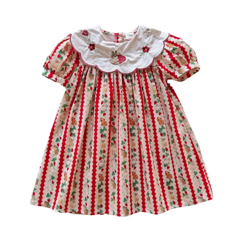 2025Girls' Summer New Floral Turn-down Collar Rabbit Embroidered Puff Sleeve Sweet Princess Dress