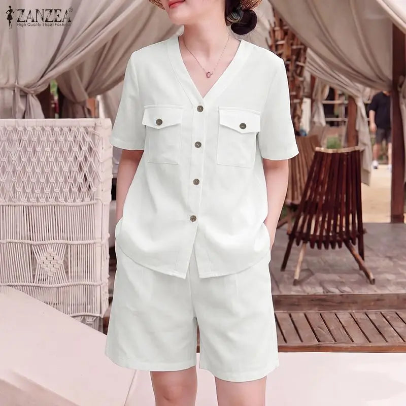 ZANZEA Summer 2 Pieces Sets Holiday Outfit Fashion Women Short Sets V Neck Short Sleeve Blouse Short Suit Solid Casual Tracksuit