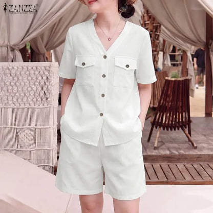 ZANZEA Summer 2 Pieces Sets Holiday Outfit Fashion Women Short Sets V Neck Short Sleeve Blouse Short Suit Solid Casual Tracksuit