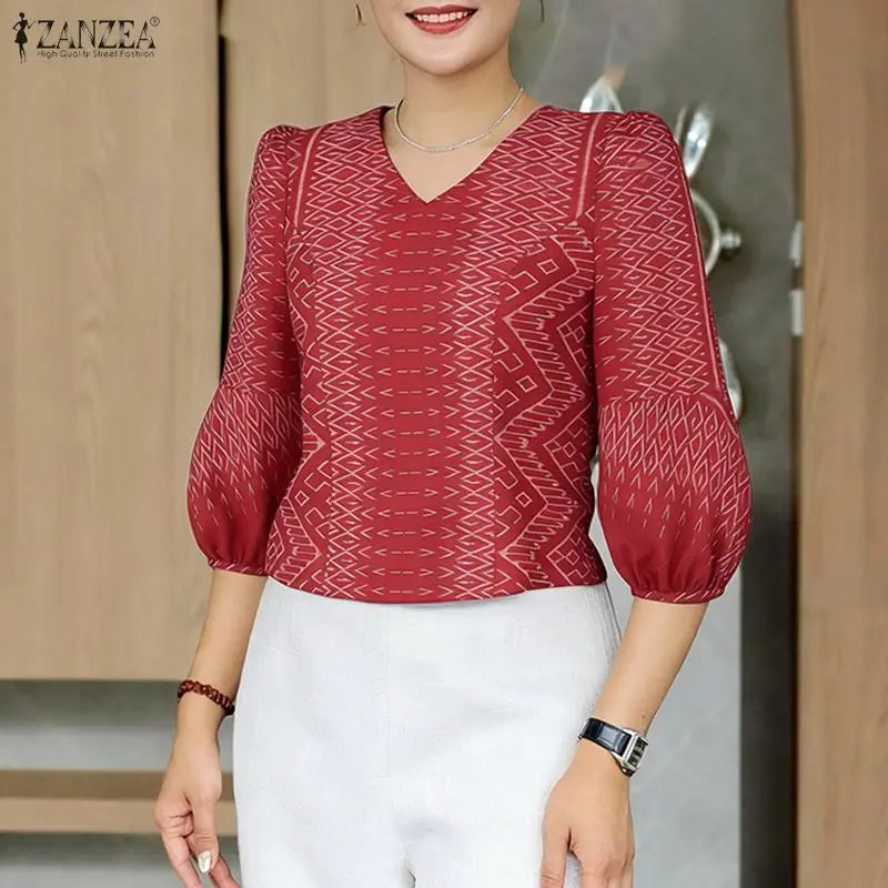 ZANZEA Woman Vintage Ethnic Print Blouses V-Neck 3/4 Lantern Sleeve Princess Seam Short Tops Summer Side Zipper Blusas de Mujer