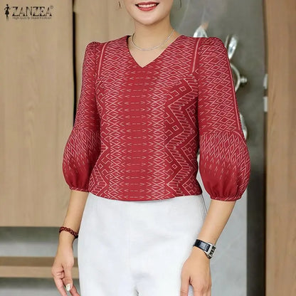 ZANZEA Woman Vintage Ethnic Print Blouses V-Neck 3/4 Lantern Sleeve Princess Seam Short Tops Summer Side Zipper Blusas de Mujer
