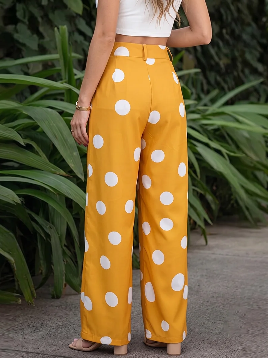Plus Size Polka Dot Wide Leg Pants Women Summer High Waist Casual Loose Yellow Palazzo Trousers with Pockets Fashion Streetwear
