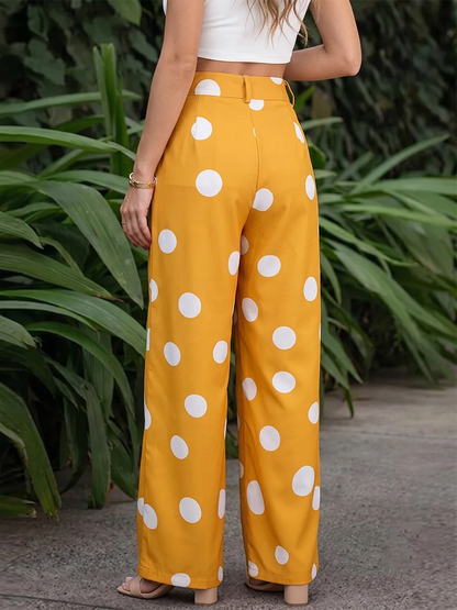 Plus Size Polka Dot Wide Leg Pants Women Summer High Waist Casual Loose Yellow Palazzo Trousers with Pockets Fashion Streetwear