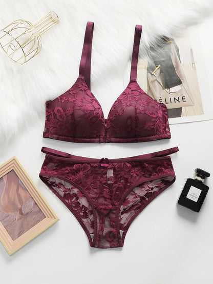 Women Sheer Lace Bra Set Front Hook Closure Wireless V Neck Brassiere Burgundy Floral Lace Underwear Panties Suit Sexy Lingerie