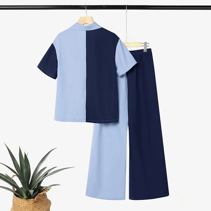 ZANZEA Stylish Lapel Neck Short Sleeve Shirt Wide Leg Pant Sets Summer 2 Pieces Sets Women Patchwork Outfit OL Work Tracksuits